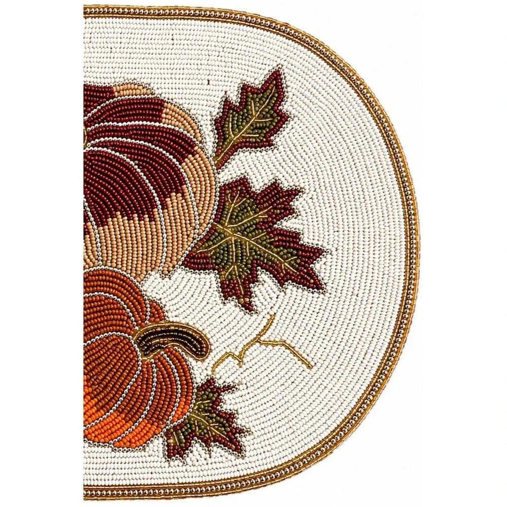 Tahari Home Beaded Pumpkin Placemat 12x18 Fall Leaves Thanksgiving Oval Charger